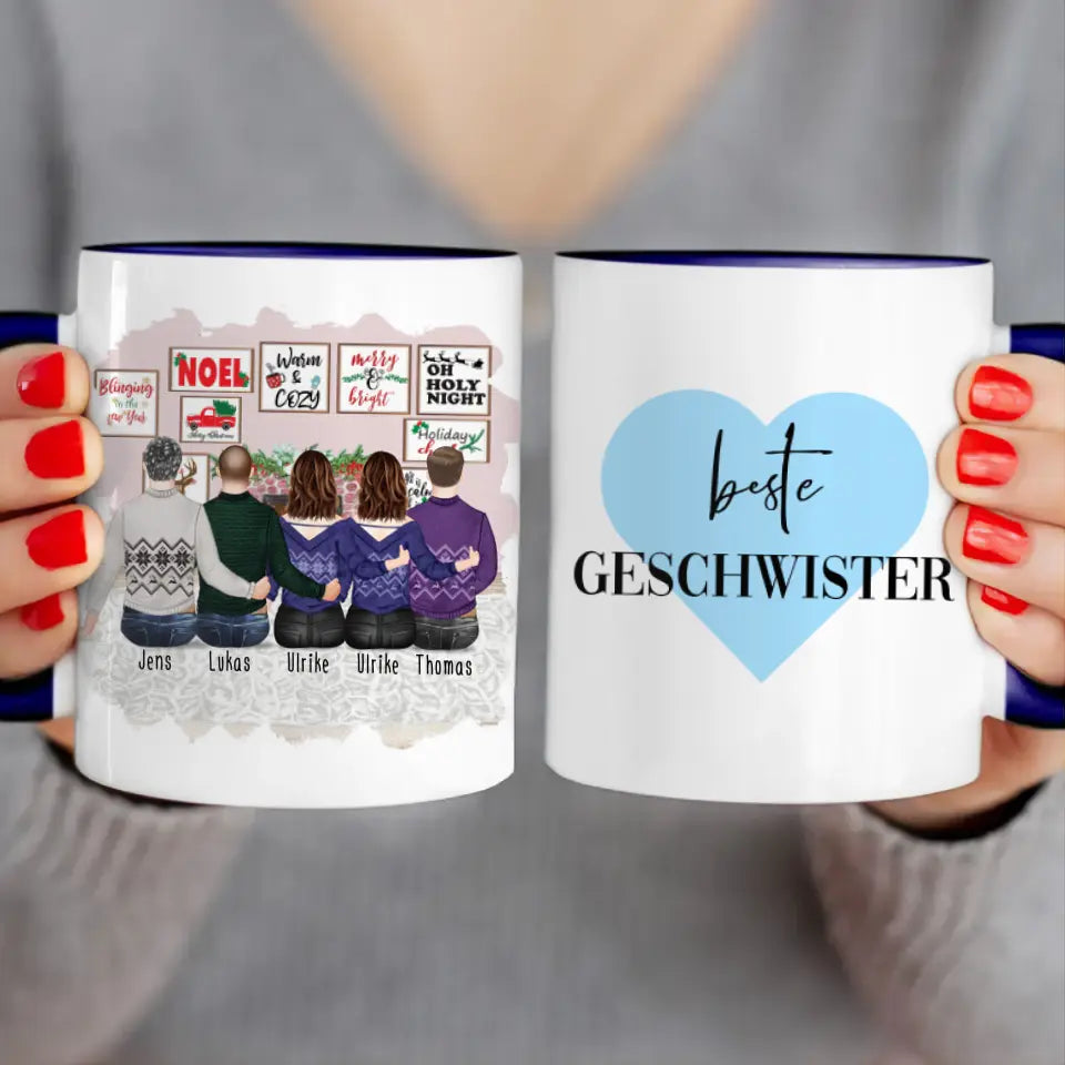 Personalisierte Tasse mit Bruder/Schwester (2 Schwestern + 3 Brüder) - Weihnachtstasse