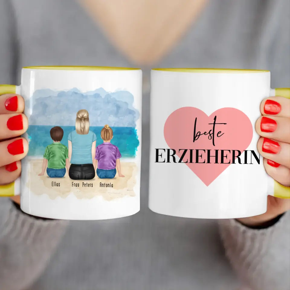 Personalisierte Tasse mit Erzieherin (2 Kinder)