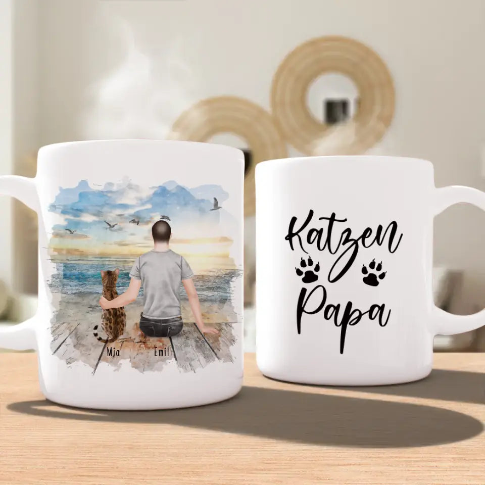 Personalisierte Tasse mit Katze und Mann (1 Katze + 1 Mann)