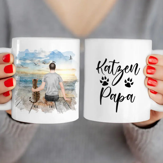 Personalisierte Tasse mit Katze und Mann (1 Katze + 1 Mann)