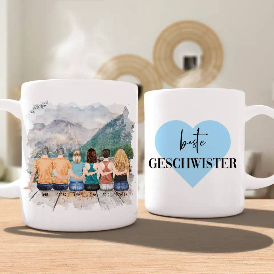 Personalisierte Tasse mit Bruder/Schwester (4 Schwestern + 2 Brüder)