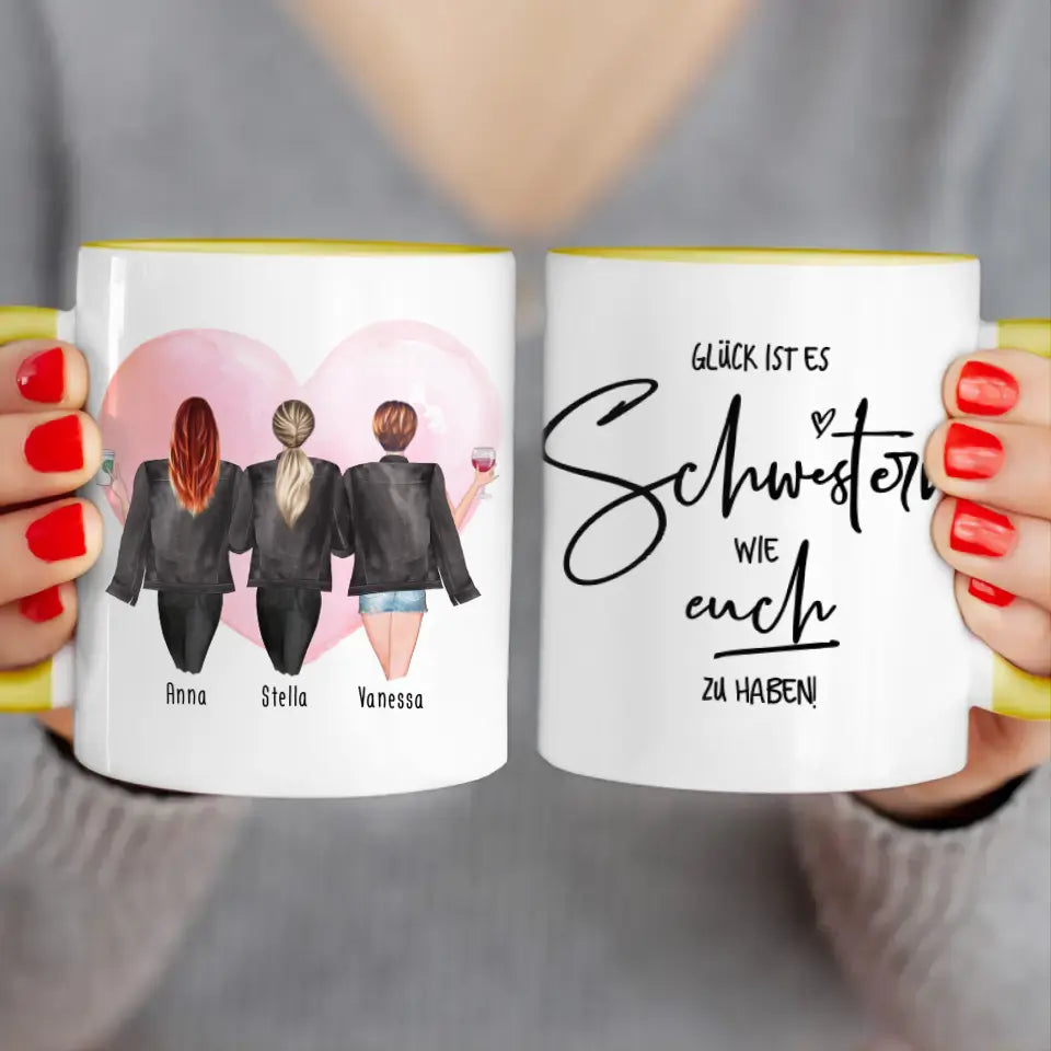 Personalisierte Tasse - Beste Schwestern mit Jacken (3 Schwestern)