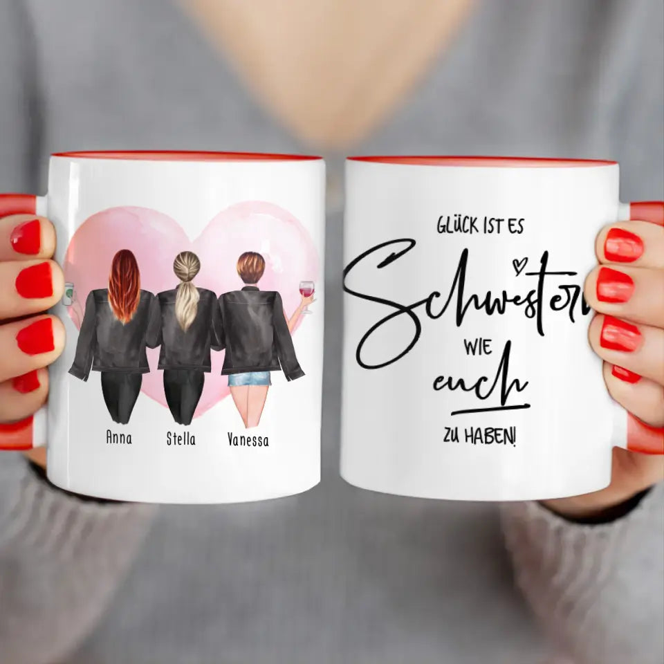 Personalisierte Tasse - Beste Schwestern mit Jacken (3 Schwestern)