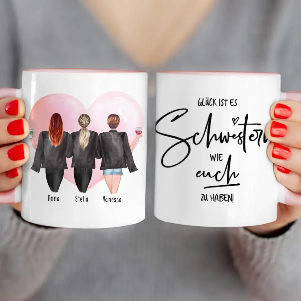 Personalisierte Tasse - Beste Schwestern mit Jacken (3 Schwestern)