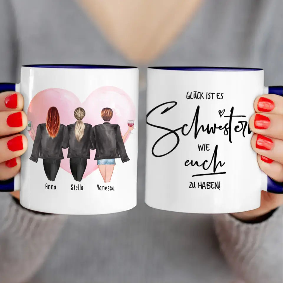 Personalisierte Tasse - Beste Schwestern mit Jacken (3 Schwestern)