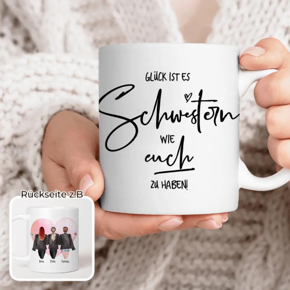 Personalisierte Tasse - Beste Schwestern mit Jacken (3 Schwestern)