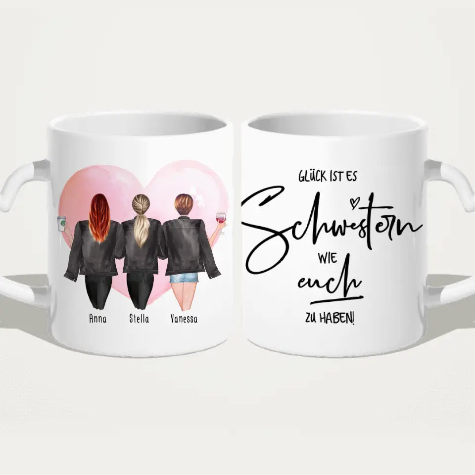 Personalisierte Tasse - Beste Schwestern mit Jacken (3 Schwestern)