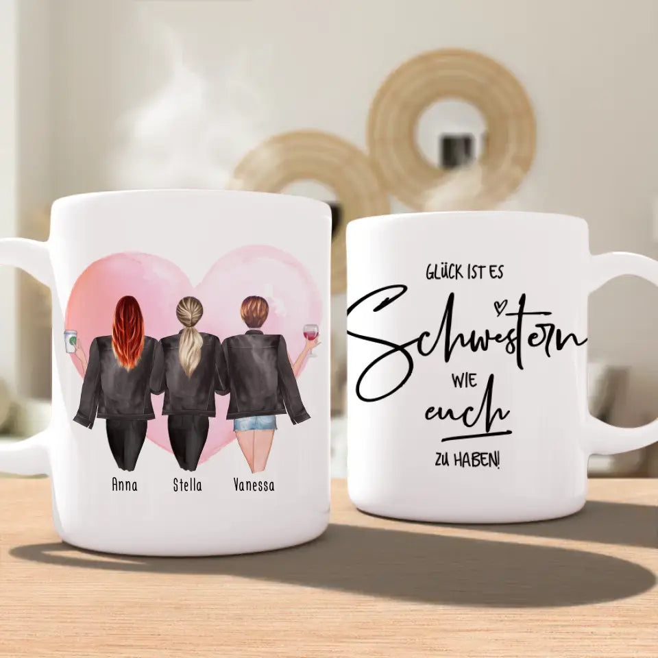 Personalisierte Tasse - Beste Schwestern mit Jacken (3 Schwestern)