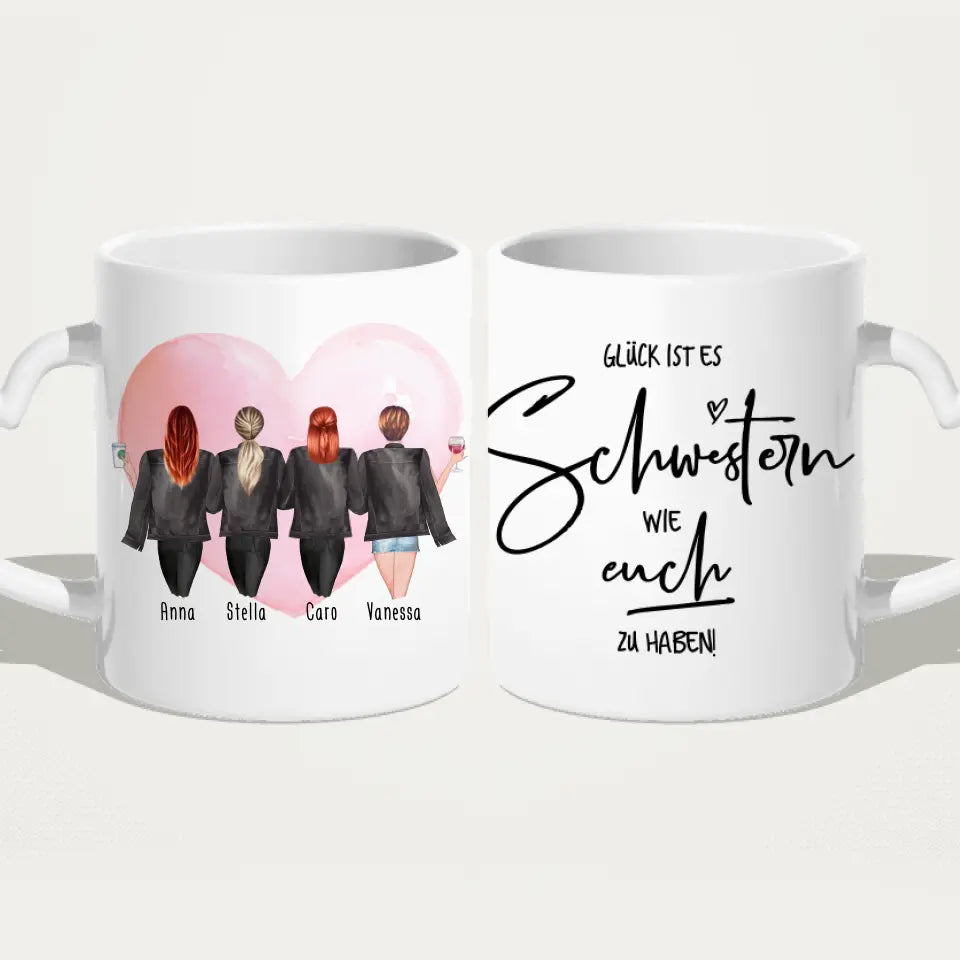 Personalisierte Tasse - Beste Schwestern mit Jacken (4 Schwestern)