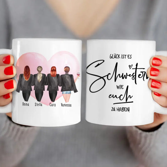 Personalisierte Tasse - Beste Schwestern mit Jacken (4 Schwestern)