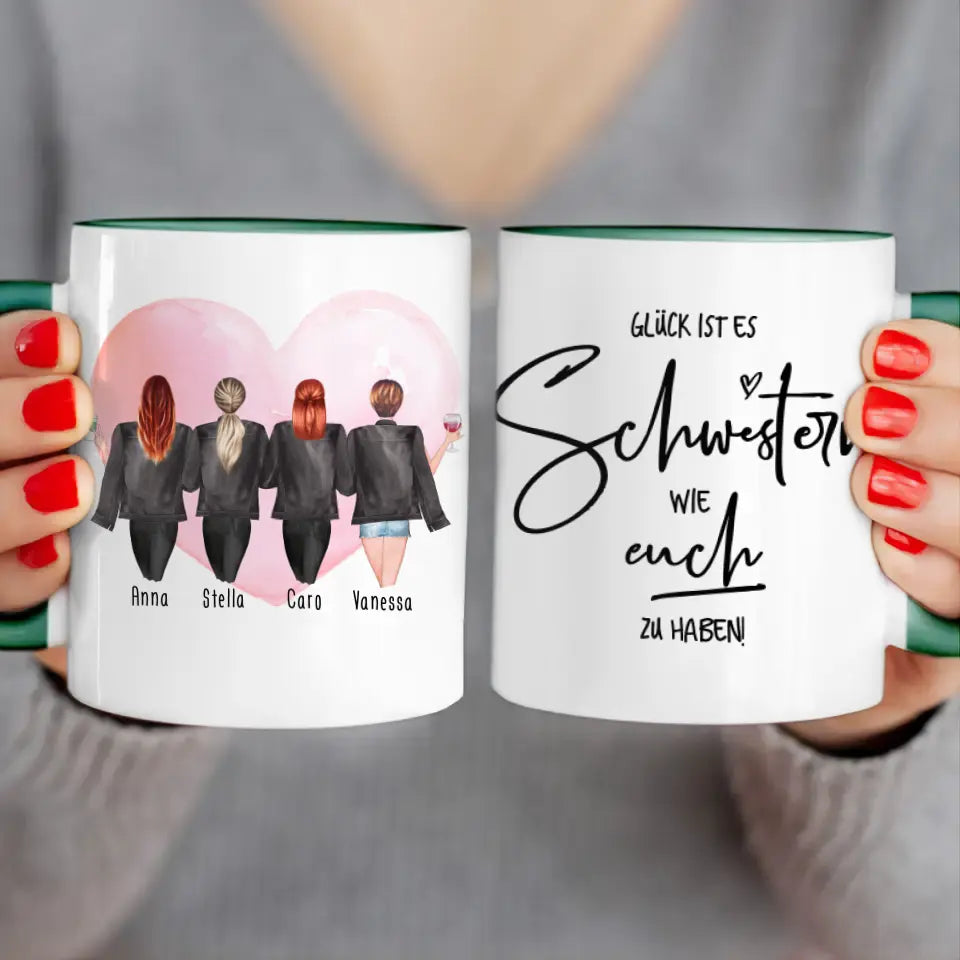 Personalisierte Tasse - Beste Schwestern mit Jacken (4 Schwestern)