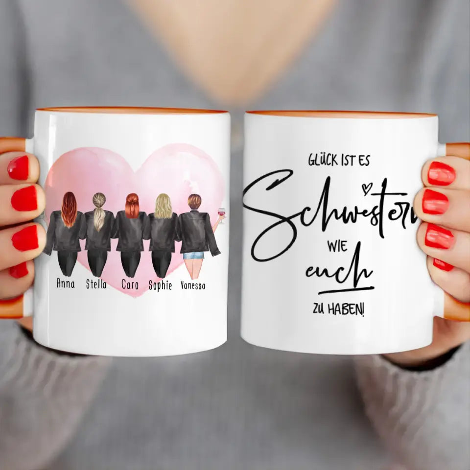 Personalisierte Tasse - Beste Schwestern mit Jacken (5 Schwestern)