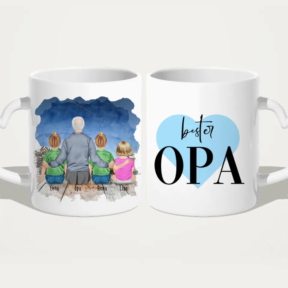 Personalisierte Tasse für Opa (2 Kinder + 1 Baby + 1 Opa)