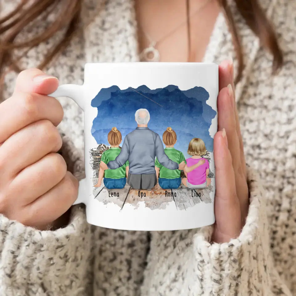 Personalisierte Tasse für Opa (2 Kinder + 1 Baby + 1 Opa)