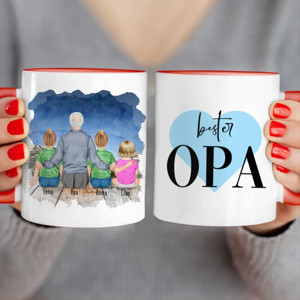 Personalisierte Tasse für Opa (2 Kinder + 1 Baby + 1 Opa)