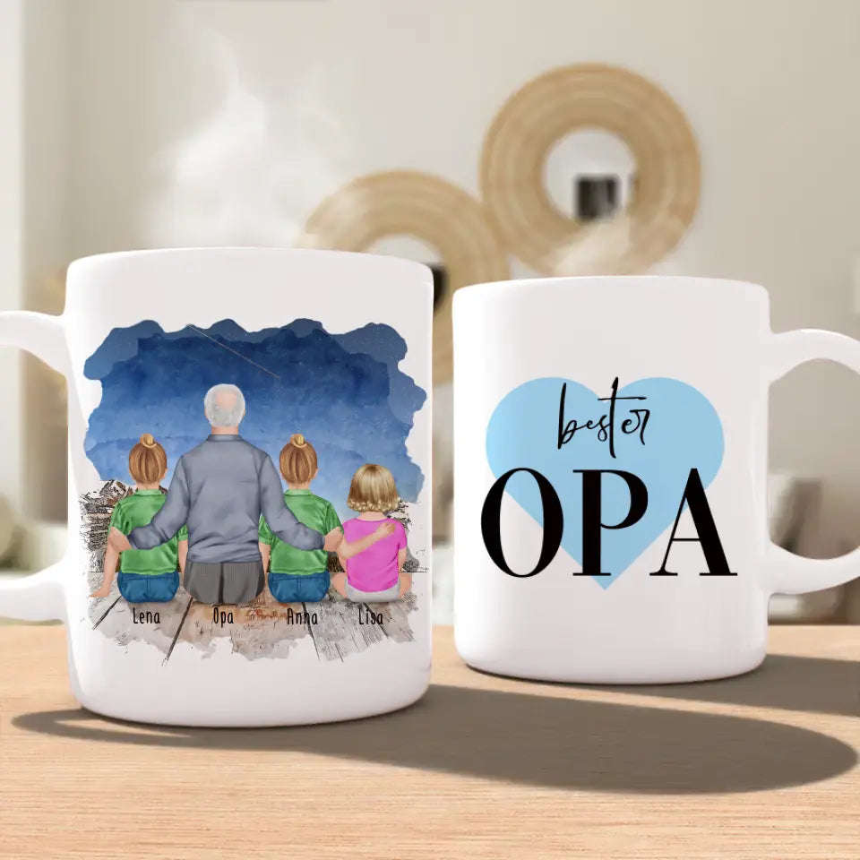 Personalisierte Tasse für Opa (2 Kinder + 1 Baby + 1 Opa)