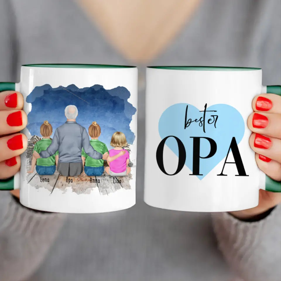 Personalisierte Tasse für Opa (2 Kinder + 1 Baby + 1 Opa)