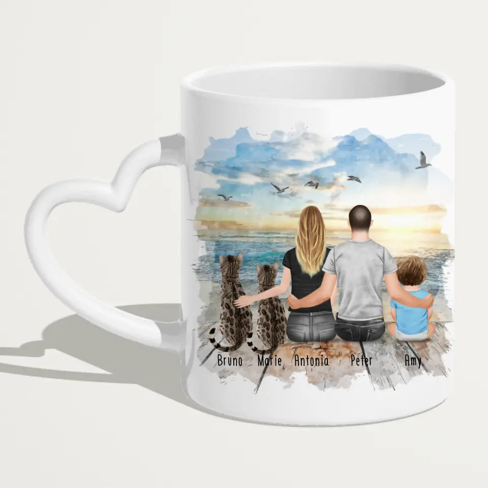 Personalisierte Tasse mit Familie + 2 Katzen (1 Baby) (Version 2)