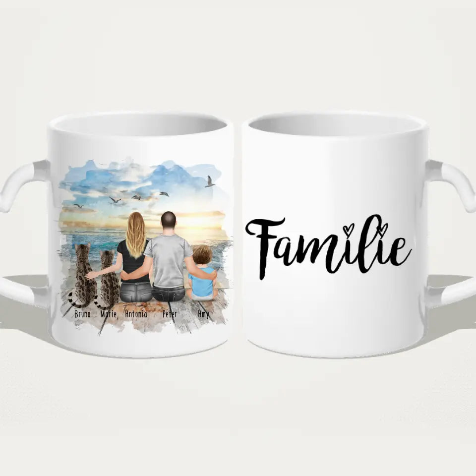 Personalisierte Tasse mit Familie + 2 Katzen (1 Baby) (Version 2)