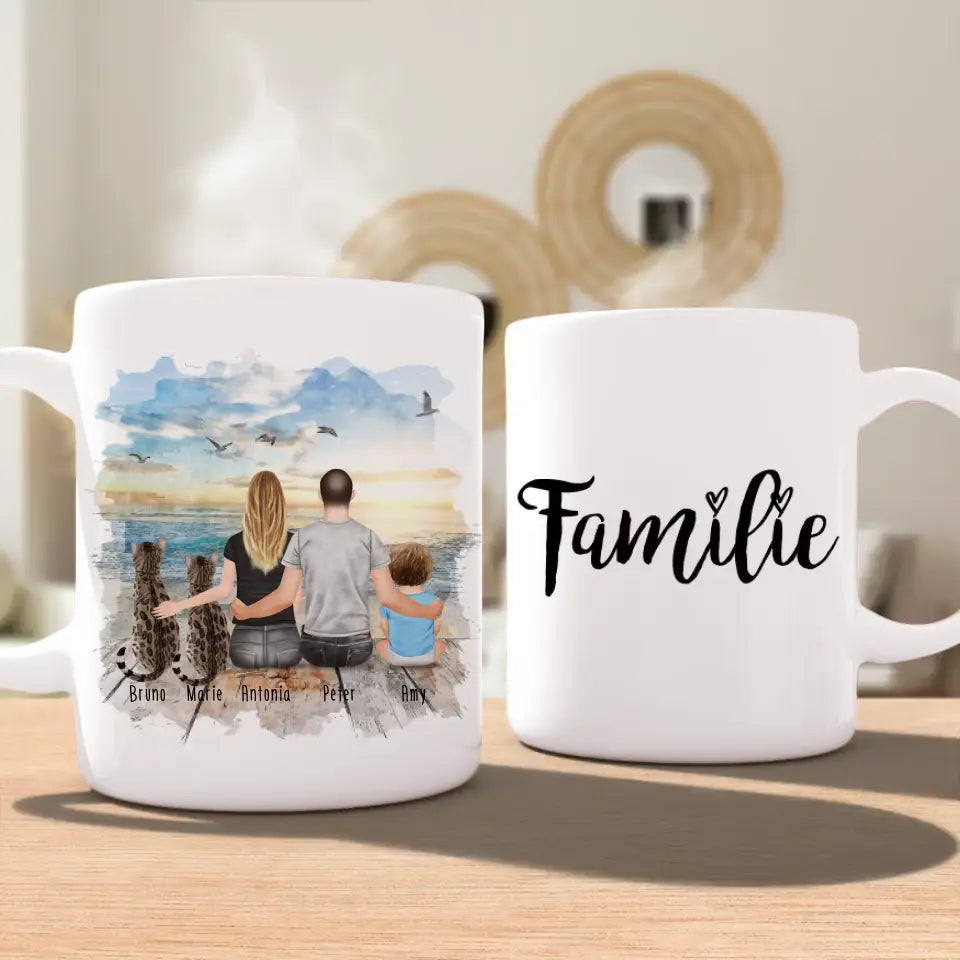 Personalisierte Tasse mit Familie + 2 Katzen (1 Baby) (Version 2)