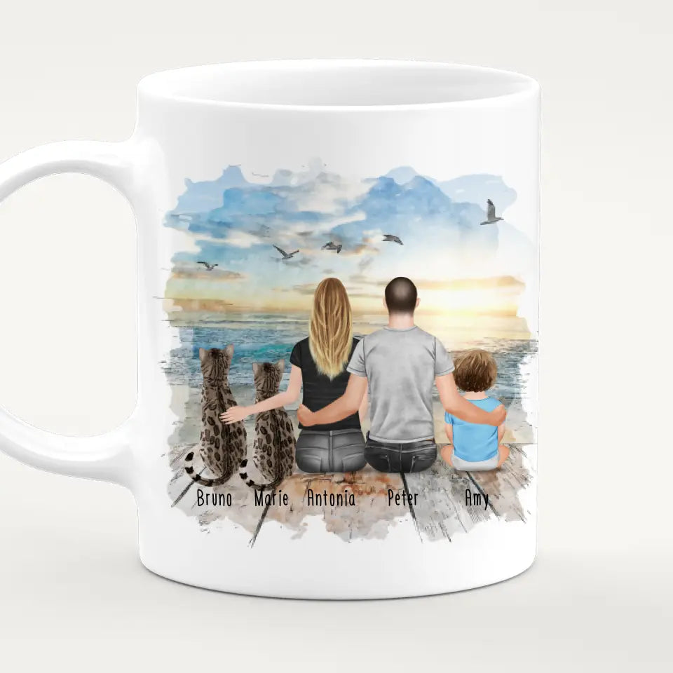 Personalisierte Tasse mit Familie + 2 Katzen (1 Baby) (Version 2)