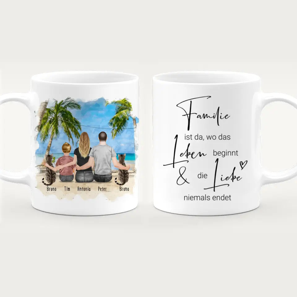 Personalisierte Tasse mit Familie + 2 Katzen (1 Kind)