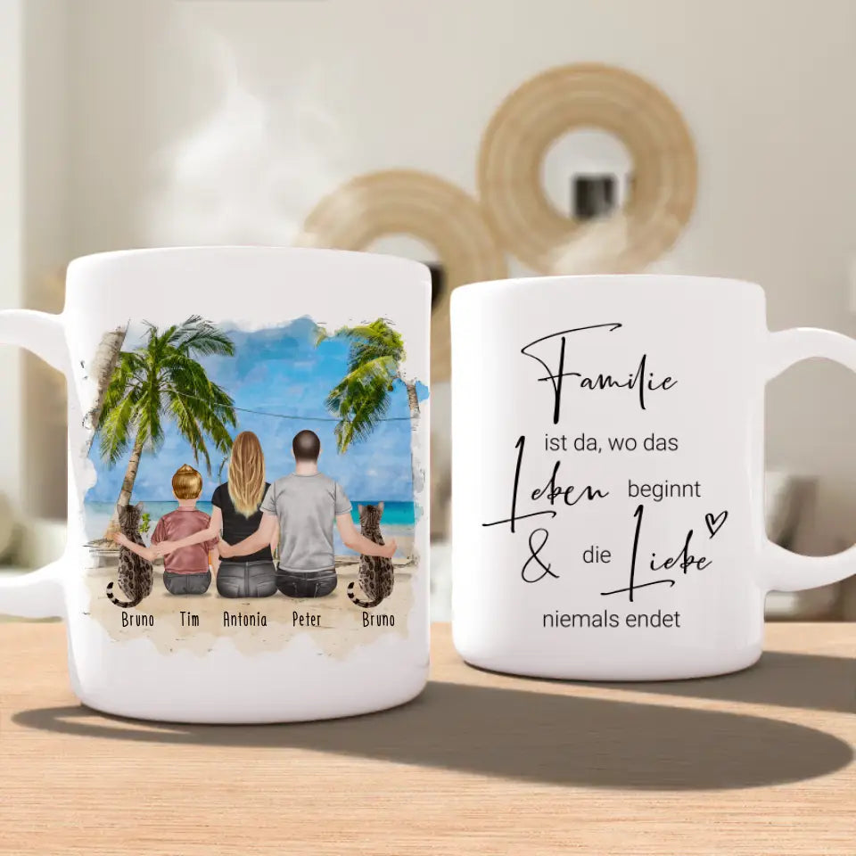 Personalisierte Tasse mit Familie + 2 Katzen (1 Kind)