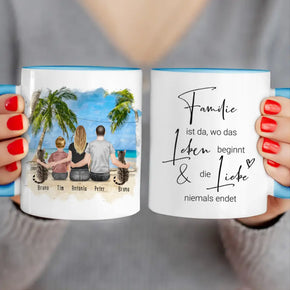 Personalisierte Tasse mit Familie + 2 Katzen (1 Kind)