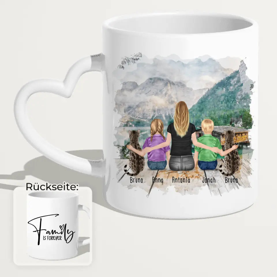 Personalisierte Tasse 1 Frau/Mama + 2 Kinder + 2 Katzen