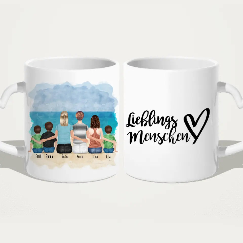 Personalisierte Tasse 2 Frauen + 1 Teenagerin + 3 Kinder