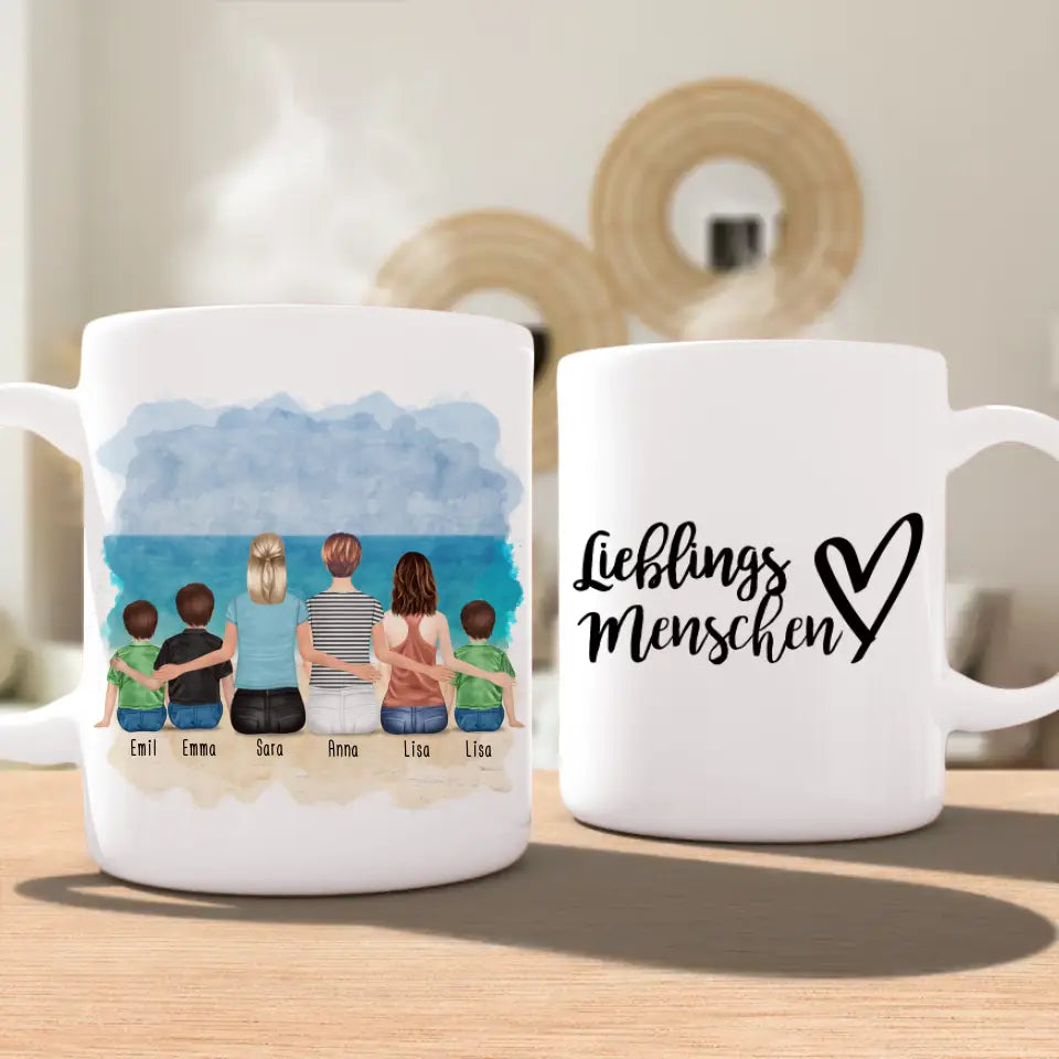 Personalisierte Tasse 2 Frauen + 1 Teenagerin + 3 Kinder