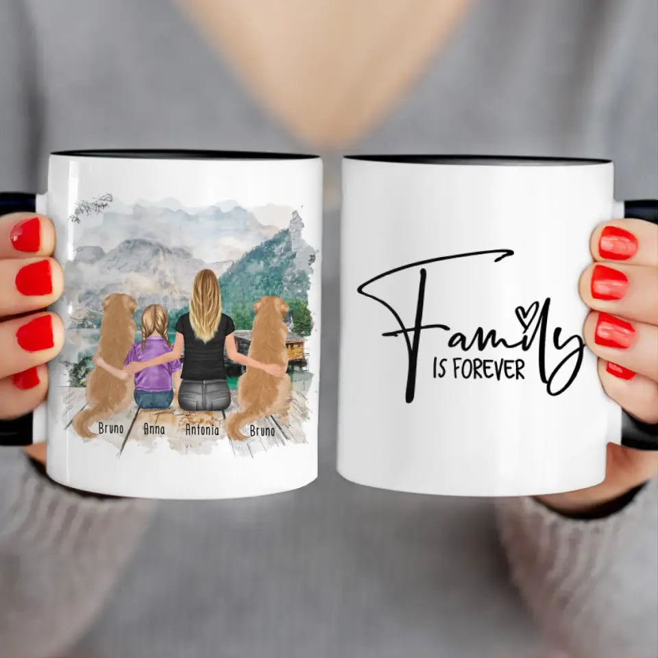 Personalisierte Tasse 1 Frau + 1 Kind + 2 Hunde