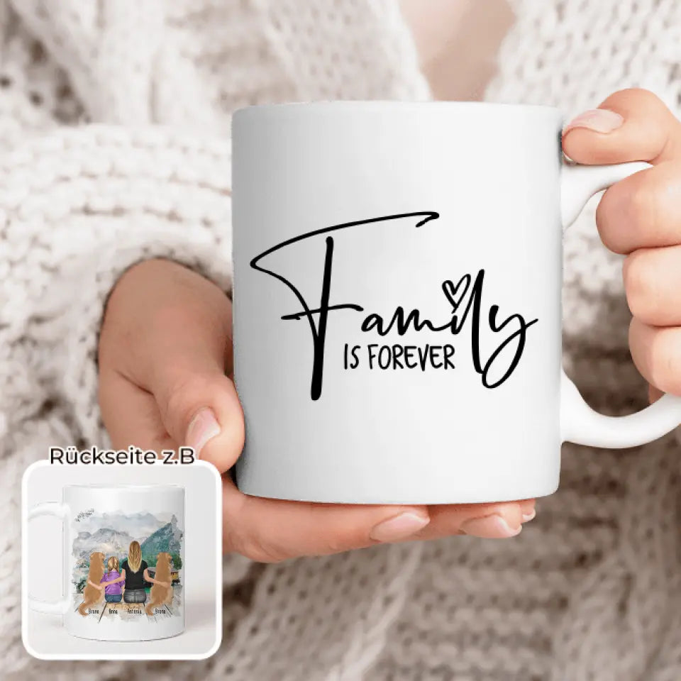 Personalisierte Tasse 1 Frau + 1 Kind + 2 Hunde