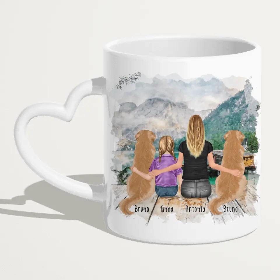 Personalisierte Tasse 1 Frau + 1 Kind + 2 Hunde