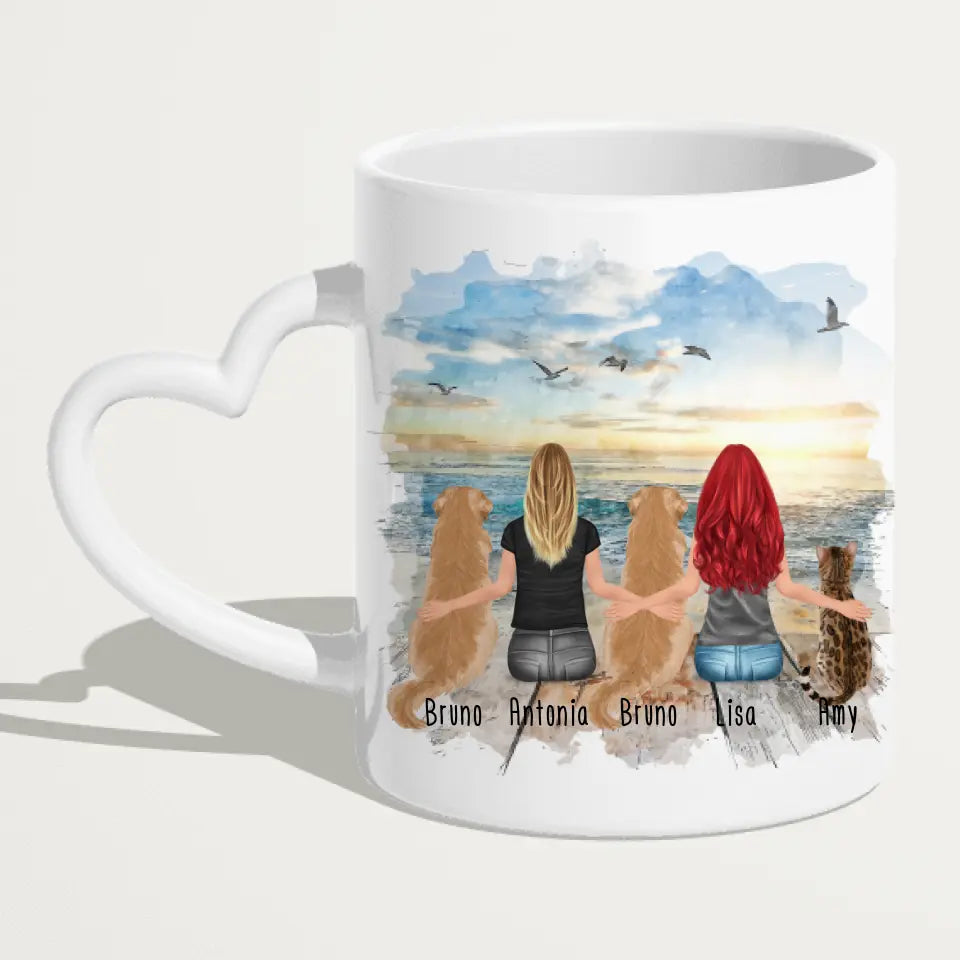 Personalisierte Tasse 2 Frauen + 2 Hunde + 1 Katze