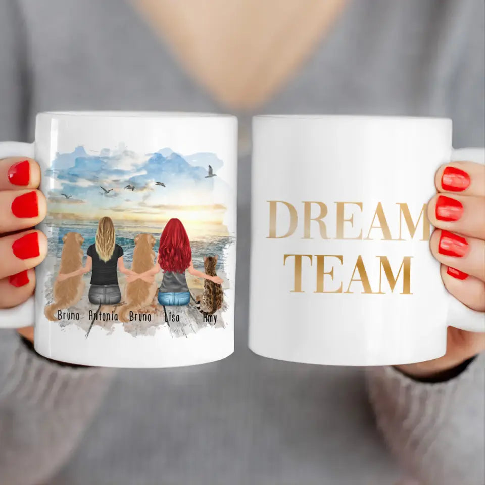 Personalisierte Tasse 2 Frauen + 2 Hunde + 1 Katze