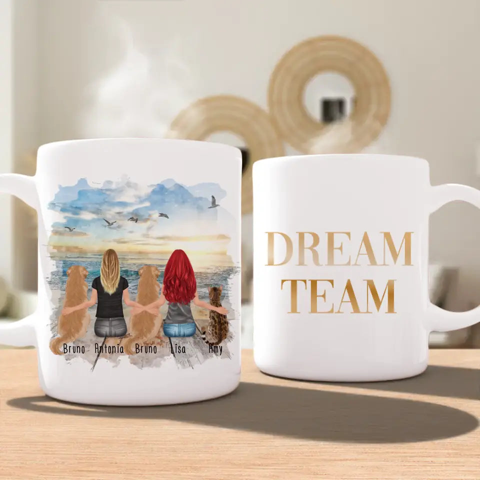 Personalisierte Tasse 2 Frauen + 2 Hunde + 1 Katze