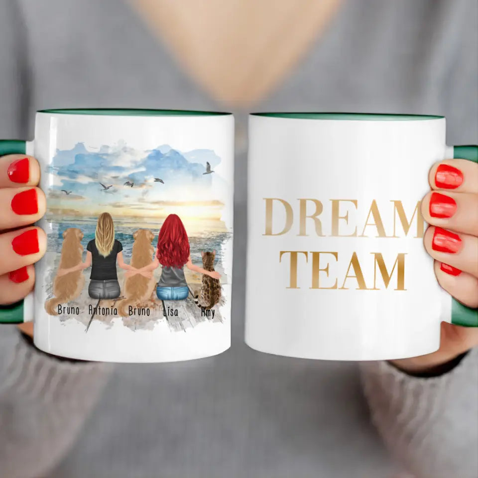 Personalisierte Tasse 2 Frauen + 2 Hunde + 1 Katze