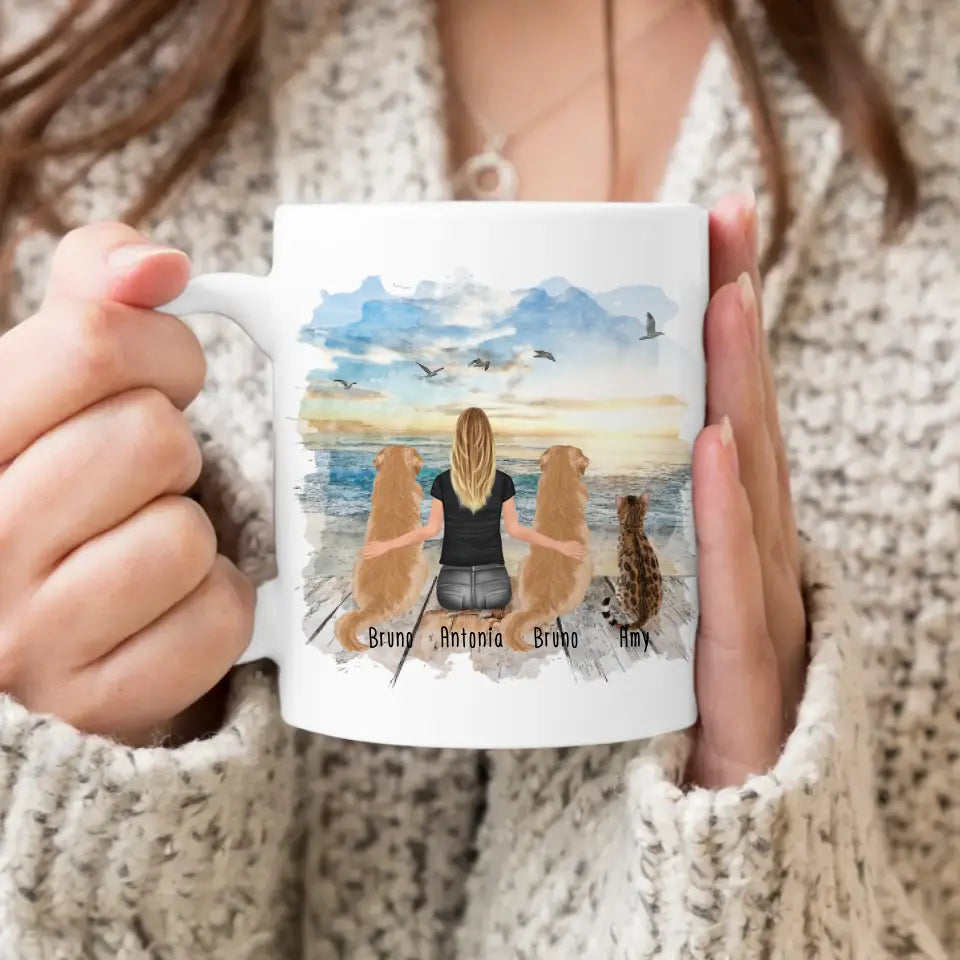 Personalisierte Tasse 1 Frau + 2 Hunde + 1 Katze