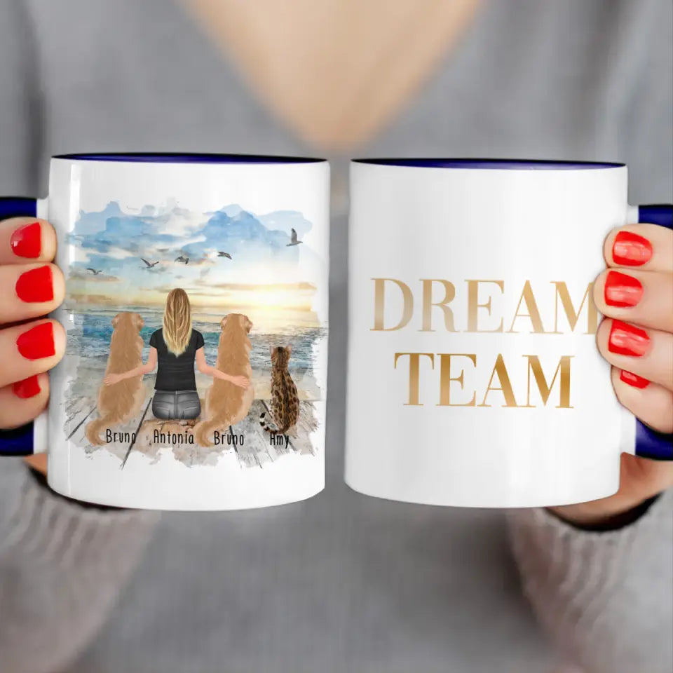 Personalisierte Tasse 1 Frau + 2 Hunde + 1 Katze