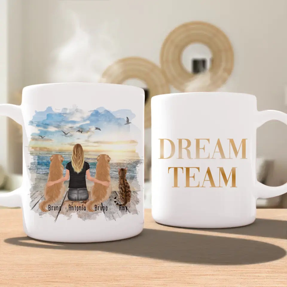 Personalisierte Tasse 1 Frau + 2 Hunde + 1 Katze