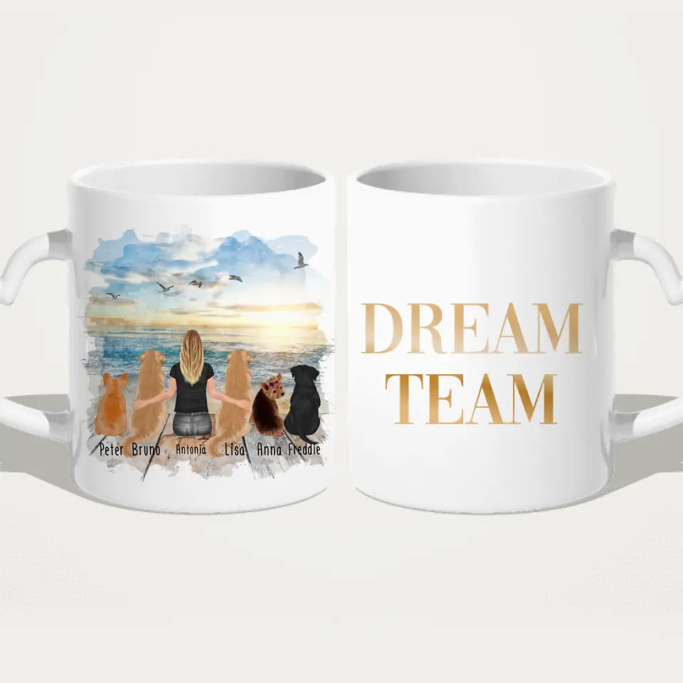 Personalisierte Tasse 1 Frau + 5 Hunde