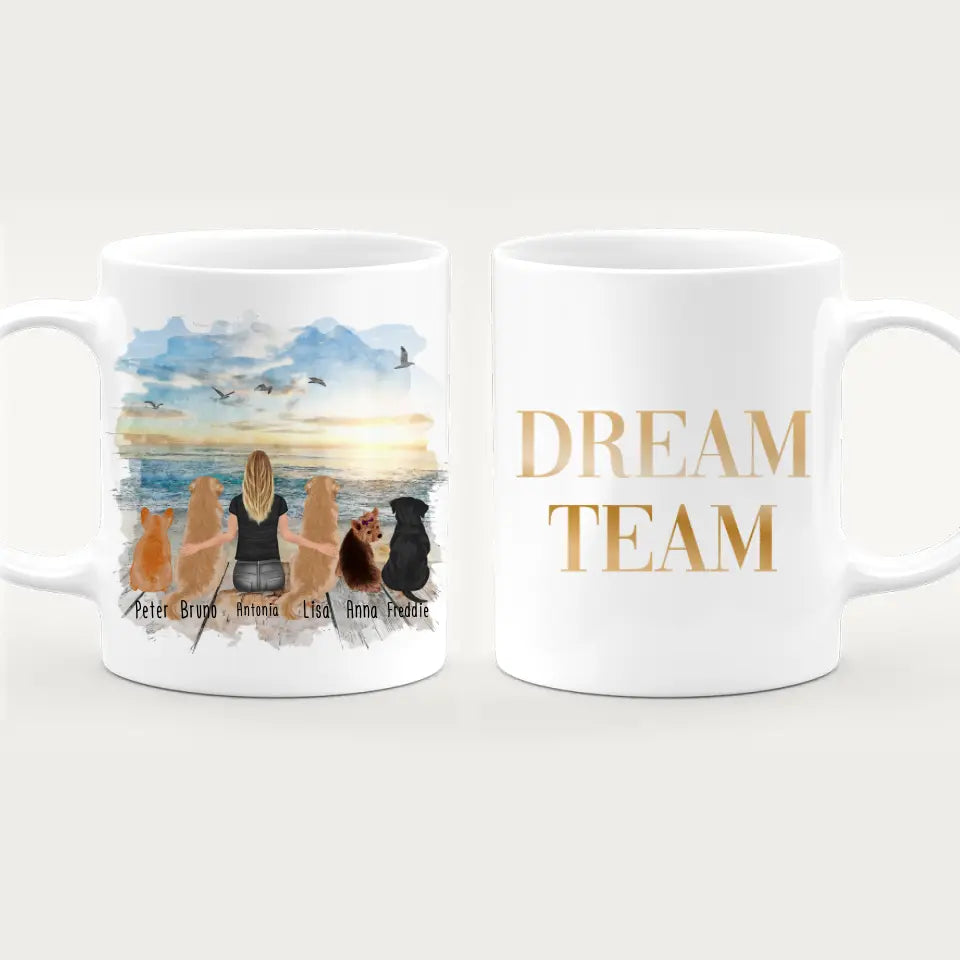 Personalisierte Tasse 1 Frau + 5 Hunde