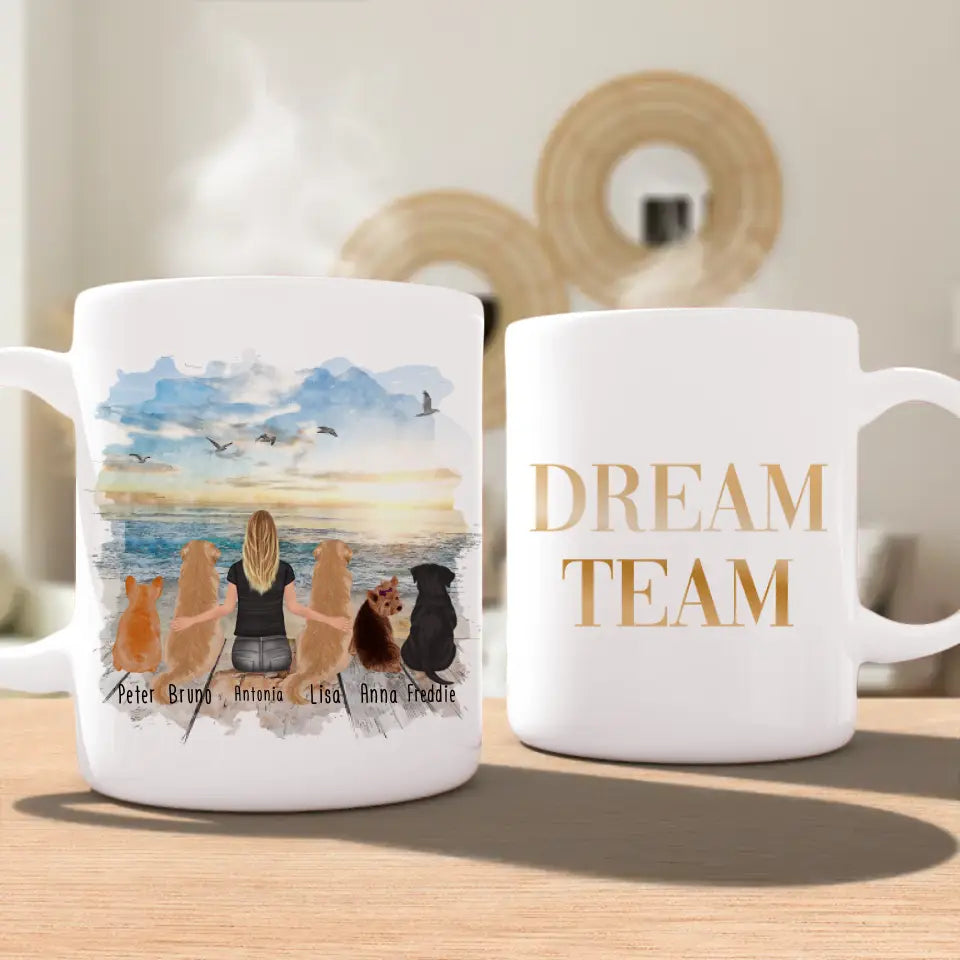 Personalisierte Tasse 1 Frau + 5 Hunde