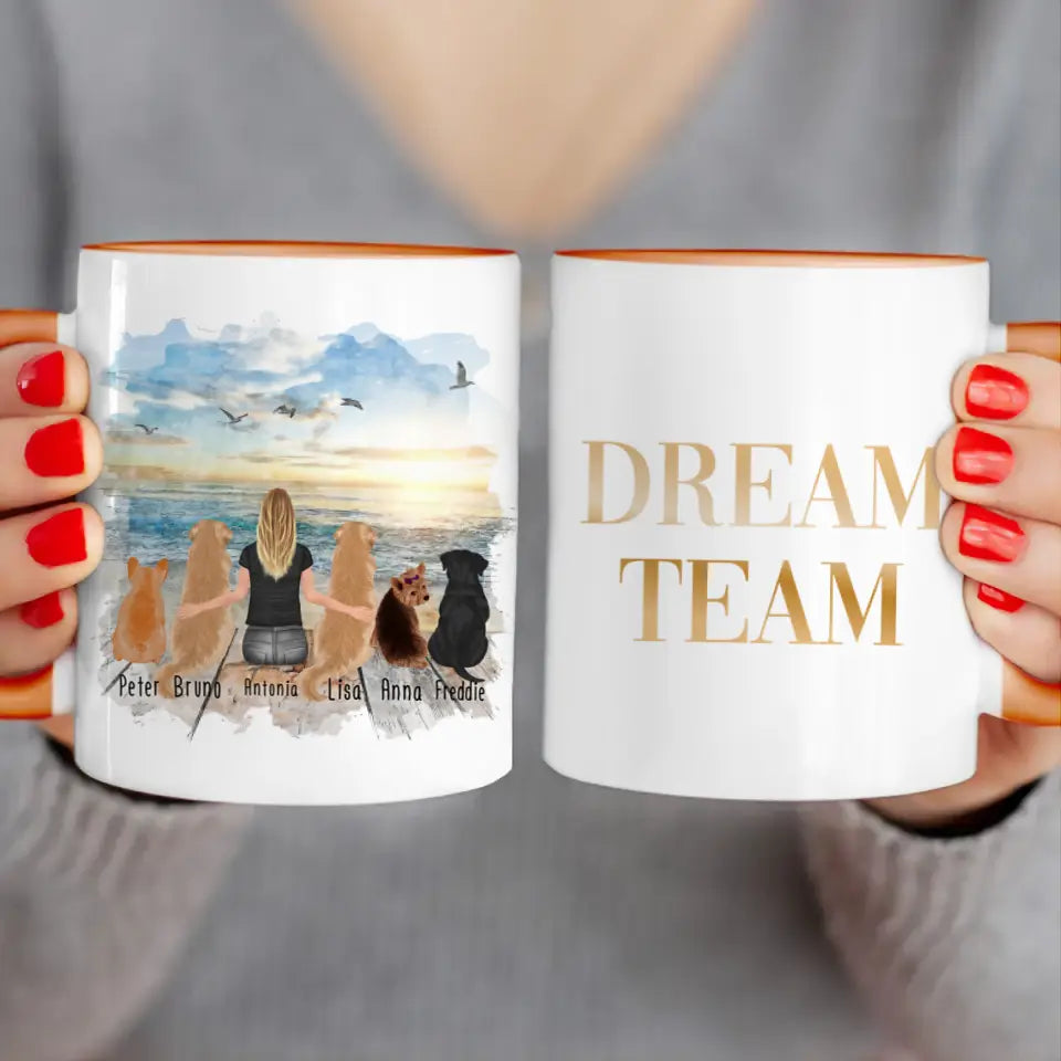 Personalisierte Tasse 1 Frau + 5 Hunde