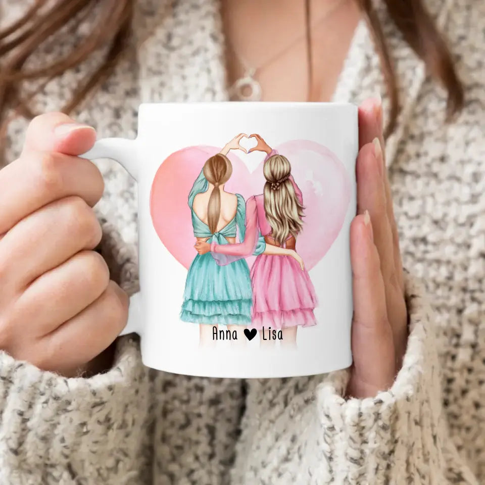 Personalisierte Tasse Beste Freundin (2 Freundinnen) - Herz mit Händen