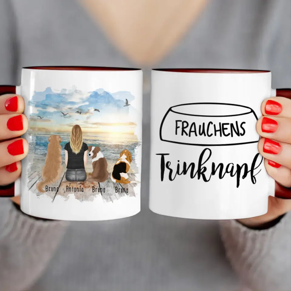 Personalisierte Tasse 1 Frau + 3 Hunde