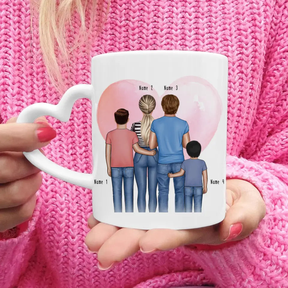 Personalisierte Tasse - Familie + 2 Babys/Kinder/Teenager stehend