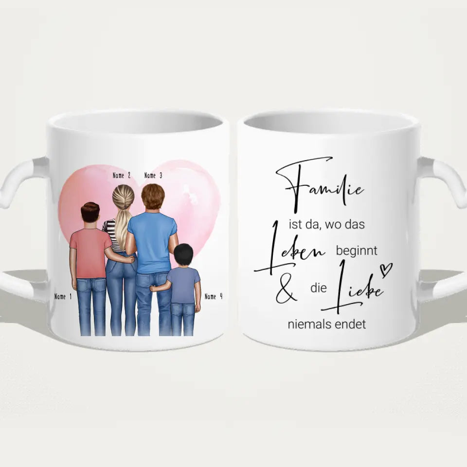 Personalisierte Tasse - Familie + 2 Babys/Kinder/Teenager stehend