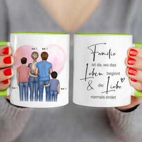 Personalisierte Tasse - Familie + 2 Babys/Kinder/Teenager stehend